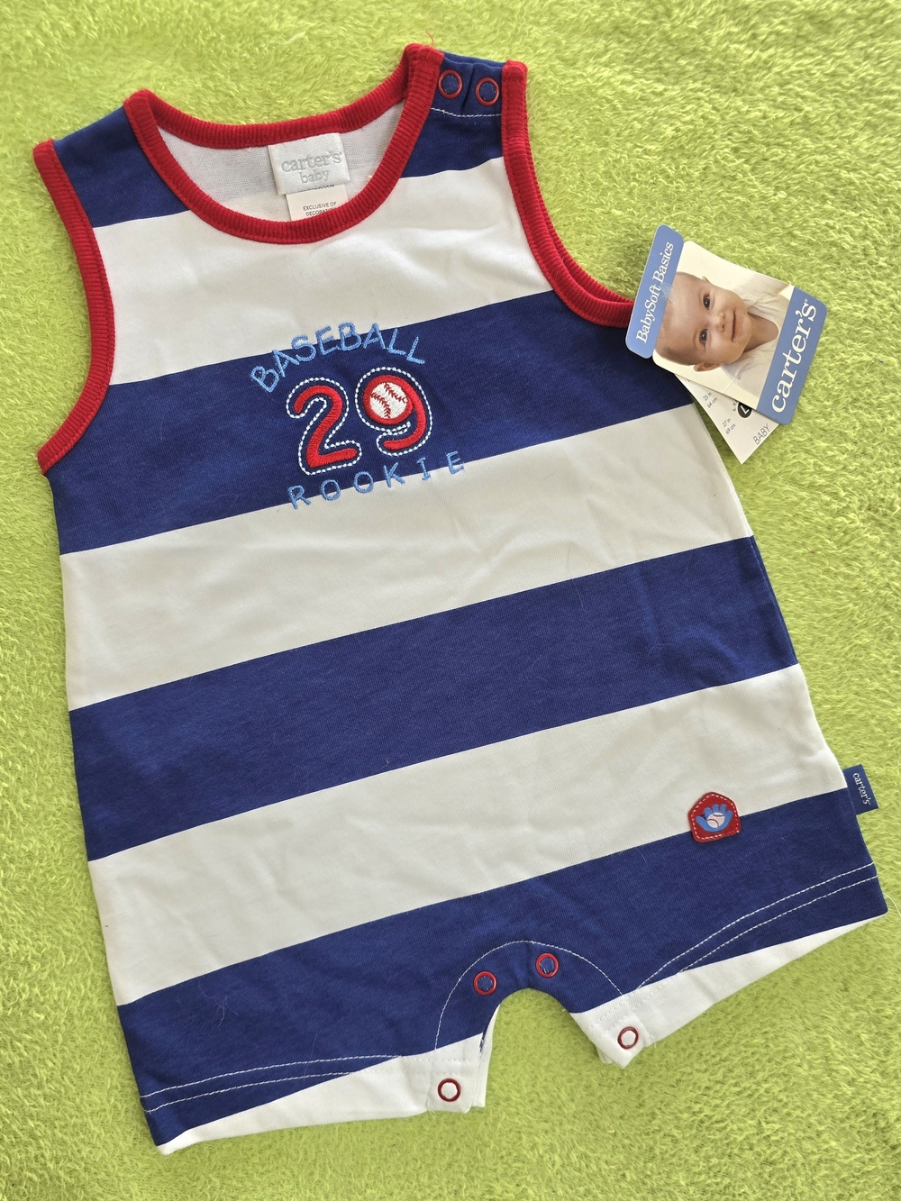 NWT  3-6M Baby BOYS Short ROMPER Red White & Blue STRIPED BASEBALL COTTON (Q3)